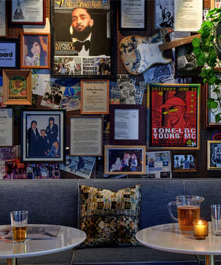 An interior wall filled with music memorabilia